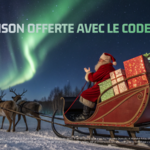 Traineau du père Noël avec des aurores boréales