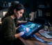 Illustratrice travaillant sur une tablette graphique reliée à un MacBook Pro, avec des effets d’électricité et de tension autour des mains et des câbles.